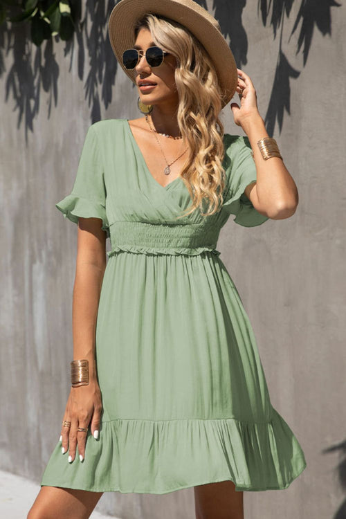 Smocked Waist Flounce Sleeve Ruffle Hem Dress-Teresa's Fashionista LLC
