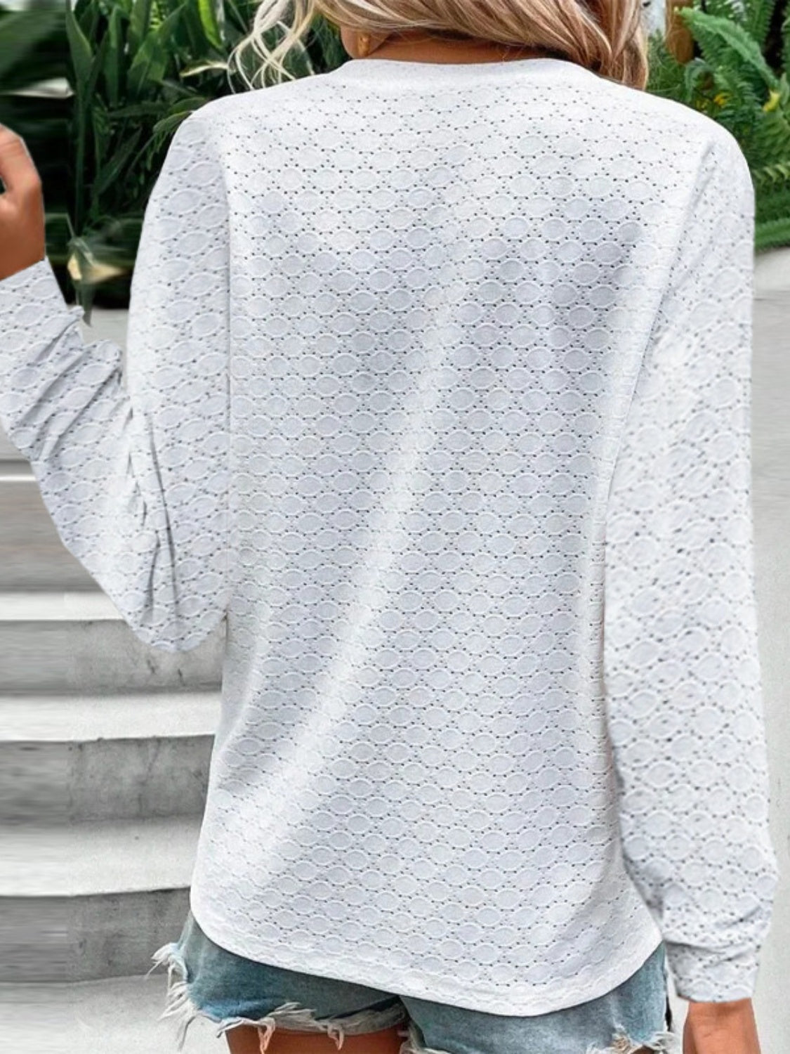 Eyelet Notched Long Sleeve T-Shirt-Teresa&#39;s Fashionista LLC