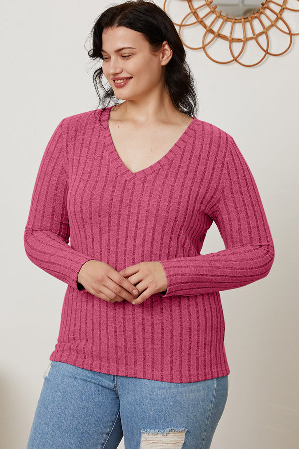 Basic Bae Full Size Ribbed V-Neck Long Sleeve T-Shirt-Teresa's Fashionista LLC