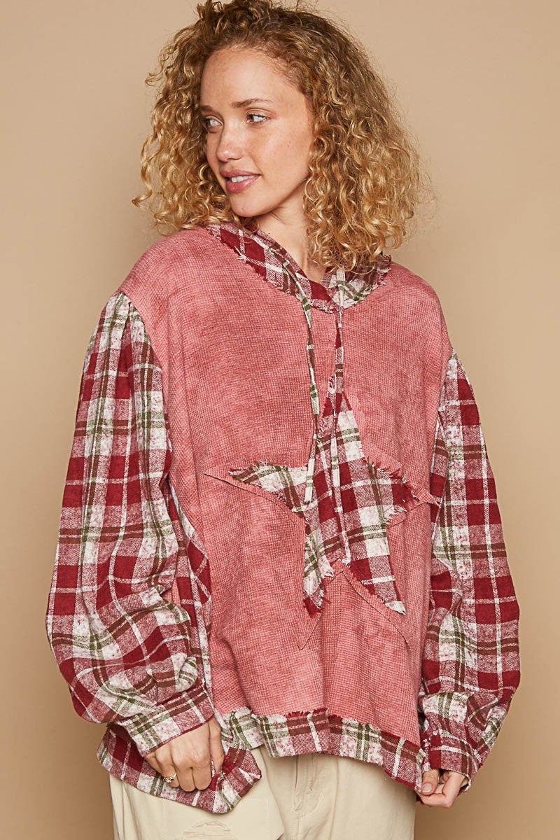 POL Star Patch Plaid Long Sleeve Hooded Top - Teresa's Fashionista LLC