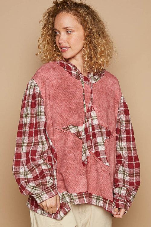 POL Star Patch Plaid Long Sleeve Hooded Top - Teresa's Fashionista LLC