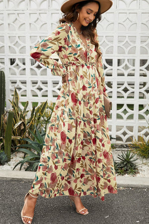 Floral Frill Trim Flounce Sleeve Plunge Maxi Dress-Teresa's Fashionista LLC