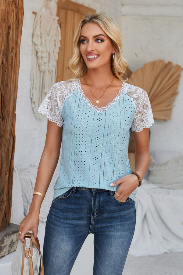 Eyelet V-Neck Lace Short Sleeve T-Shirt-Teresa's Fashionista LLC