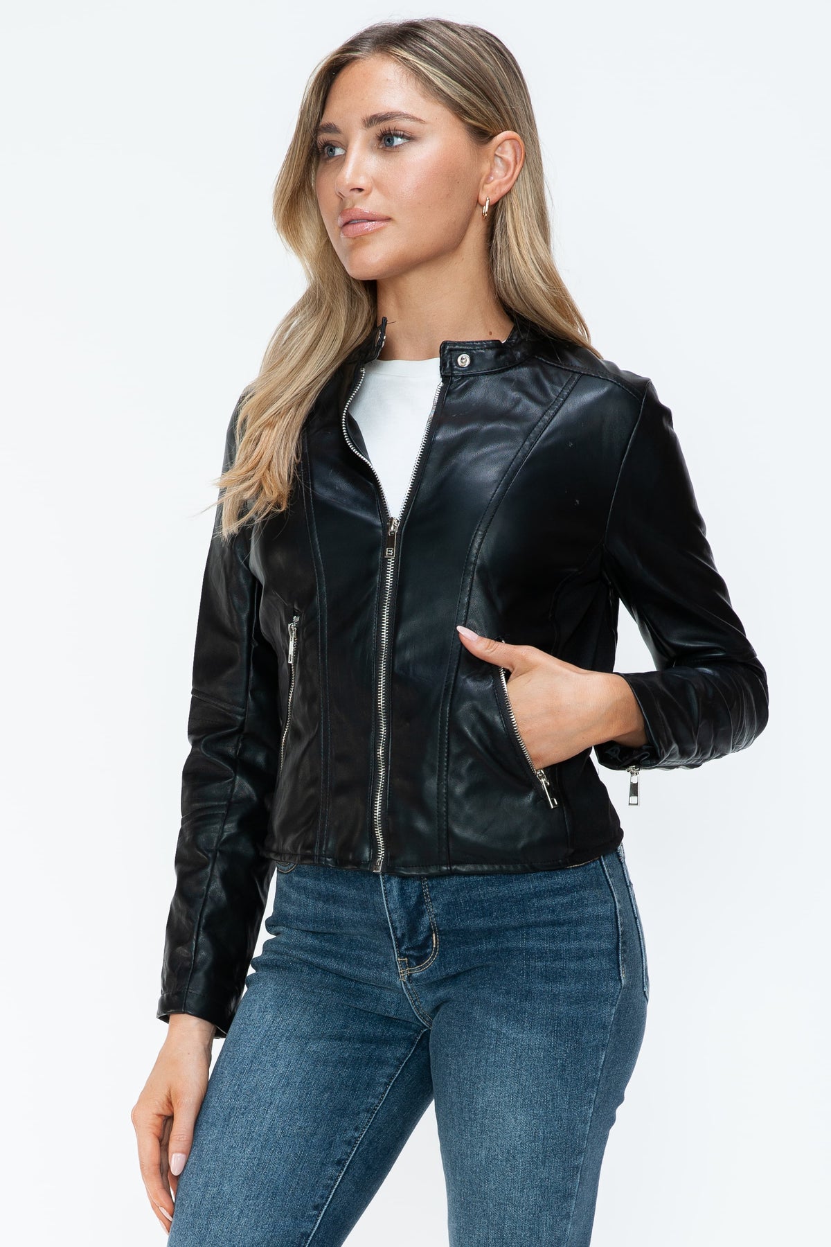 Snobbish PU Leather Zip Up Jacket with Pockets - Teresa's Fashionista LLC