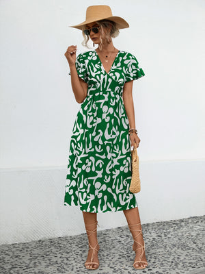 Printed V-Neck Short Sleeve Dress-Teresa's Fashionista LLC