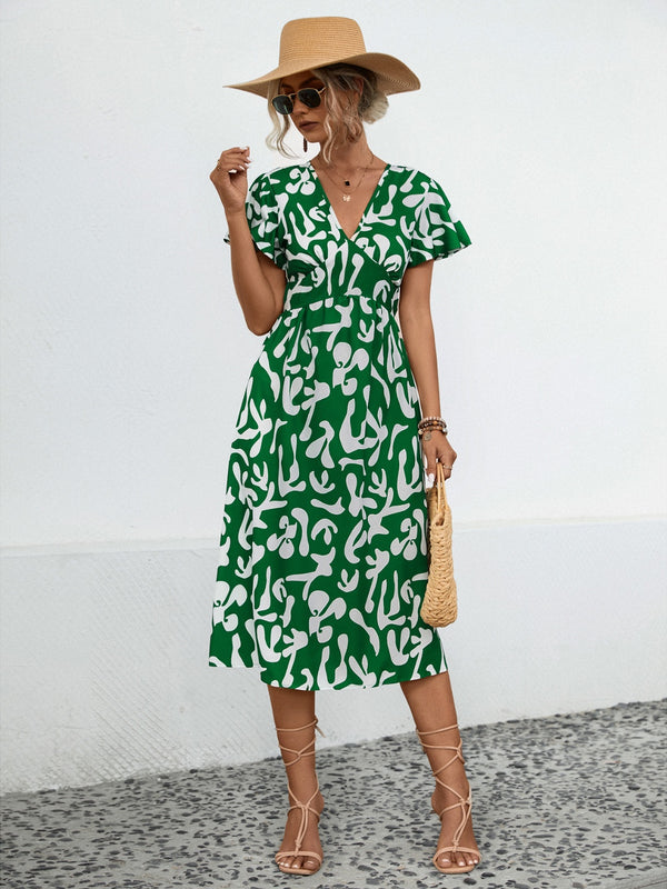 Printed V-Neck Short Sleeve Dress-Teresa's Fashionista LLC