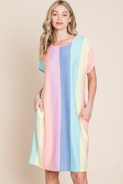 BOMBOM Striped Short Sleeve Dress with Pockets-Teresa's Fashionista LLC