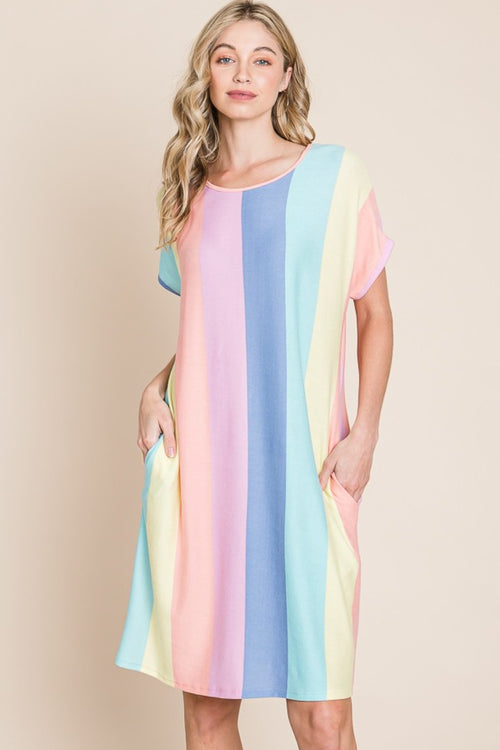 BOMBOM Striped Short Sleeve Dress with Pockets-Teresa's Fashionista LLC