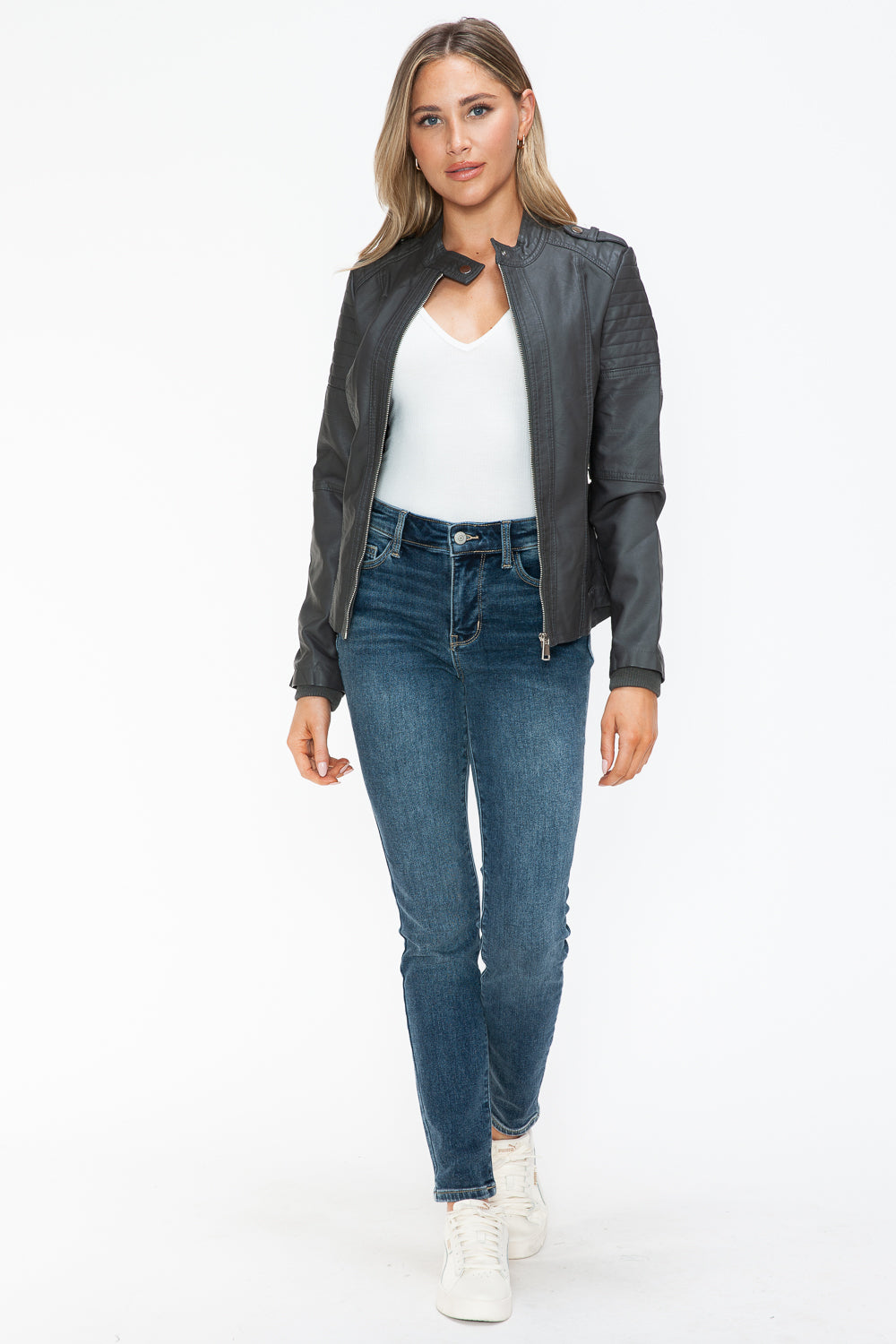 Snobbish PU Leather Biker Jacket with Side Zip Pockets - Teresa's Fashionista LLC
