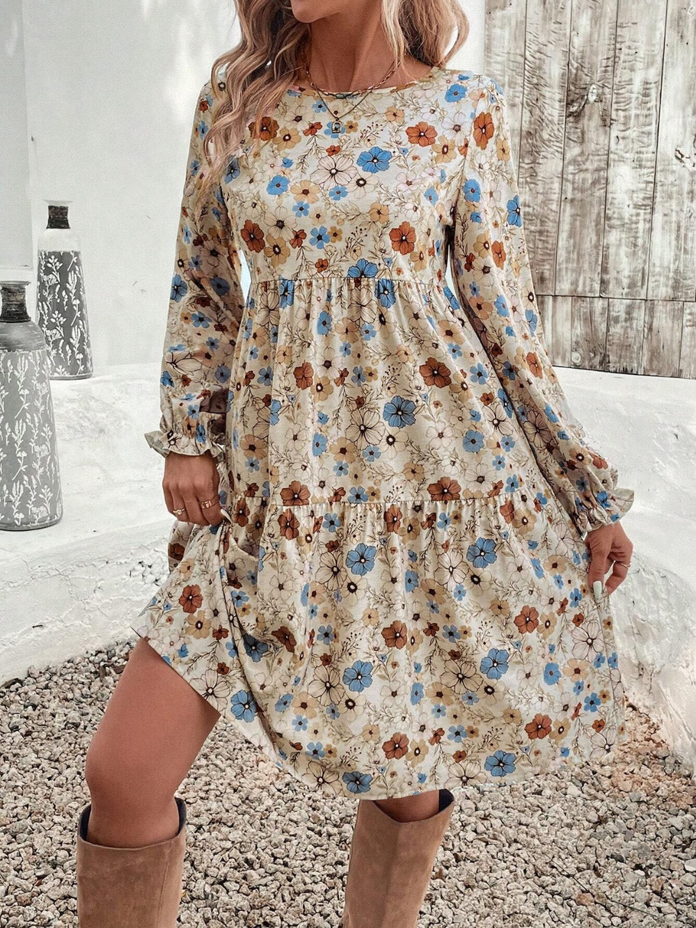 Tiered Floral Round Neck Long Sleeve Dress - Teresa's Fashionista LLC