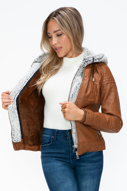 YMI Faux Layered Double-Zipper Jacket with Fuzzy Hood - Teresa's Fashionista LLC
