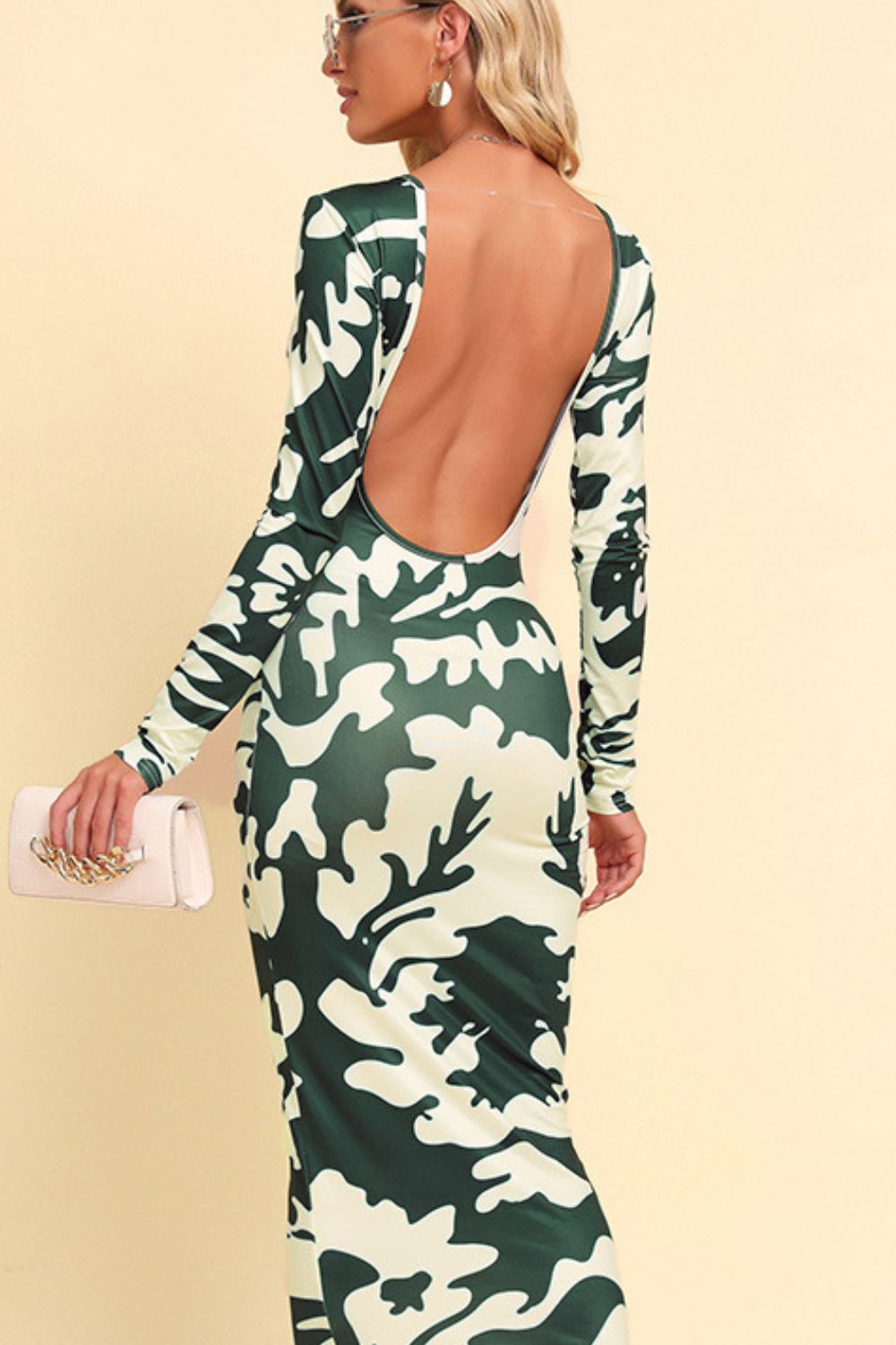 Printed Backless Long Sleeve Maxi Dress-Teresa's Fashionista LLC