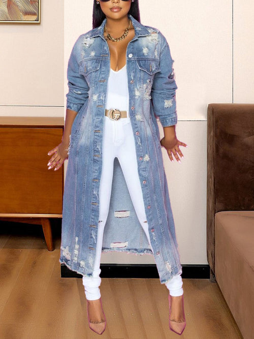 Long Sleeve Raw Hem Denim Jacket-Teresa's Fashionista LLC