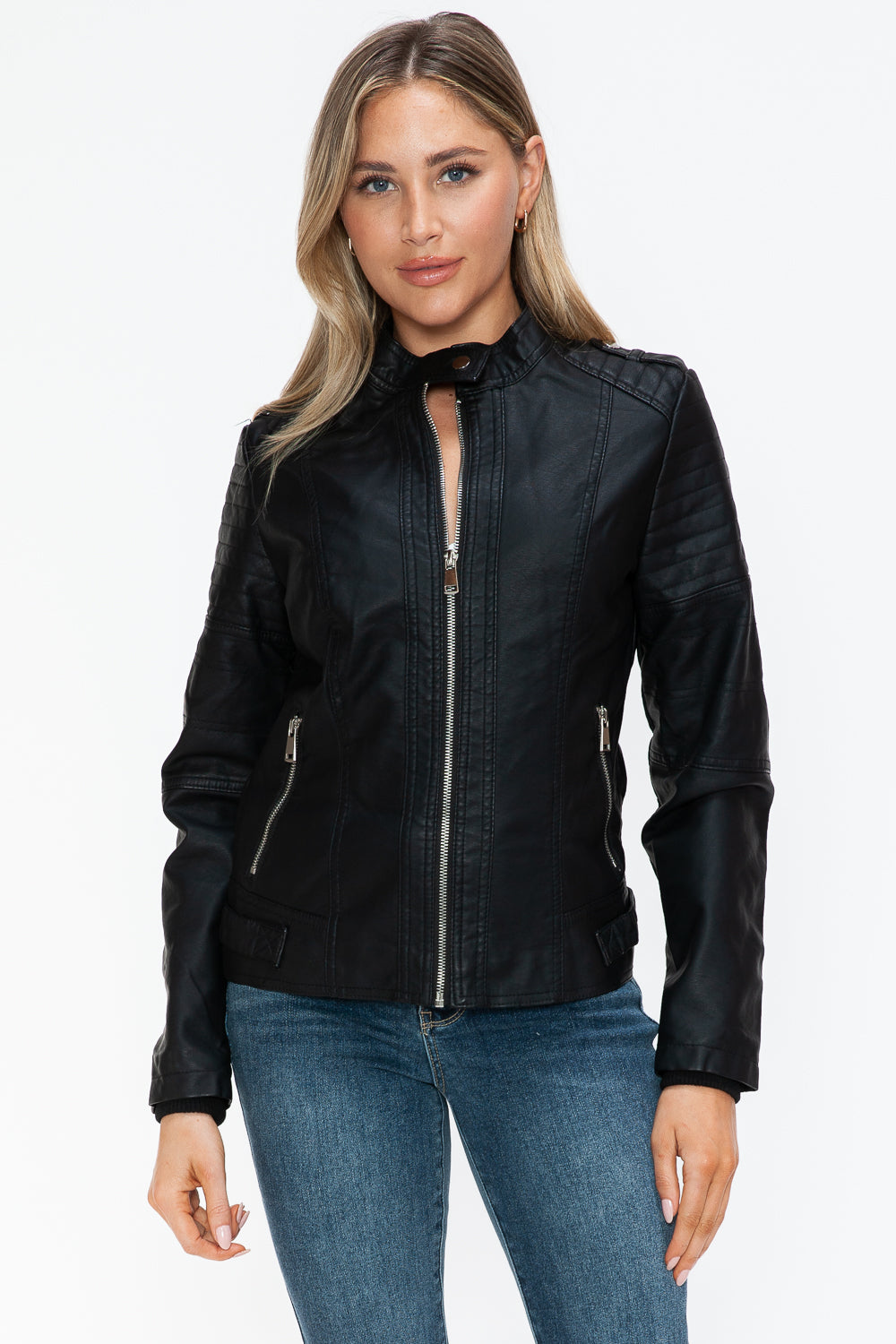 Snobbish PU Leather Biker Jacket with Side Zip Pockets - Teresa's Fashionista LLC