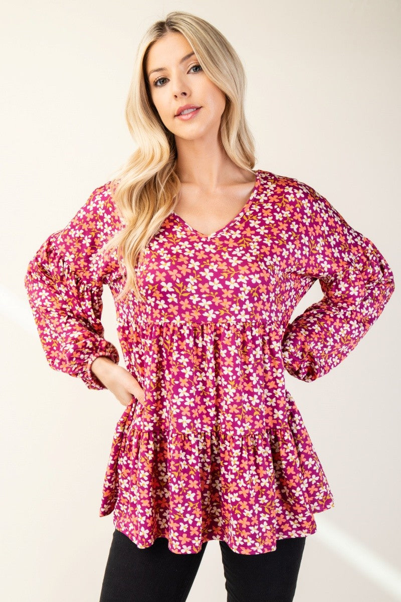 Celeste Full Size Floral V-Neck Balloon Sleeve Blouse - Teresa's Fashionista LLC