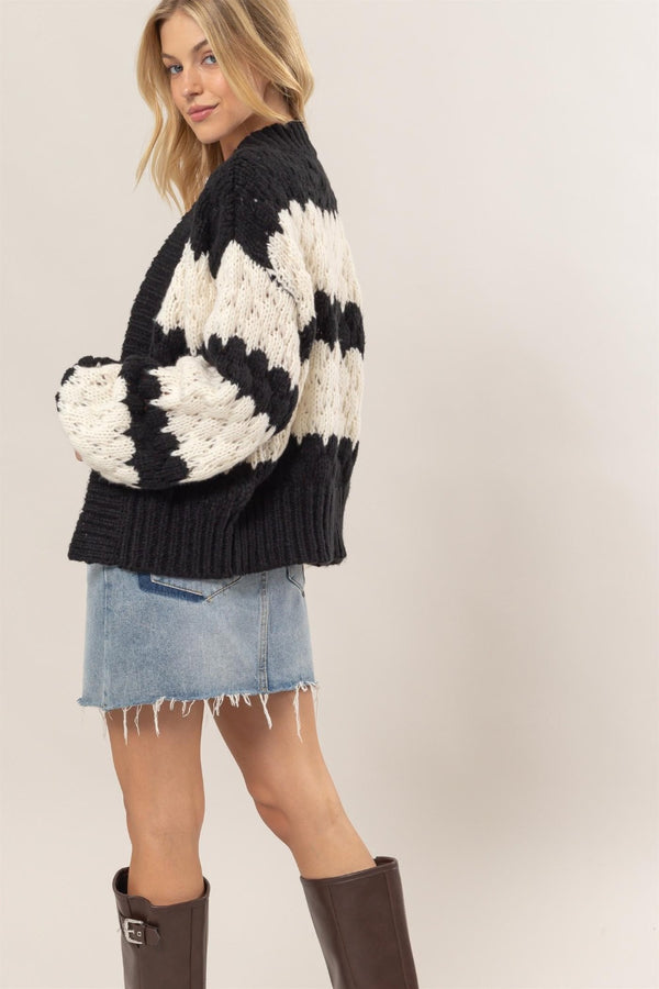HYFVE Scallop Striped Open Front Long Sleeve Sweater Cardigan - Teresa's Fashionista LLC