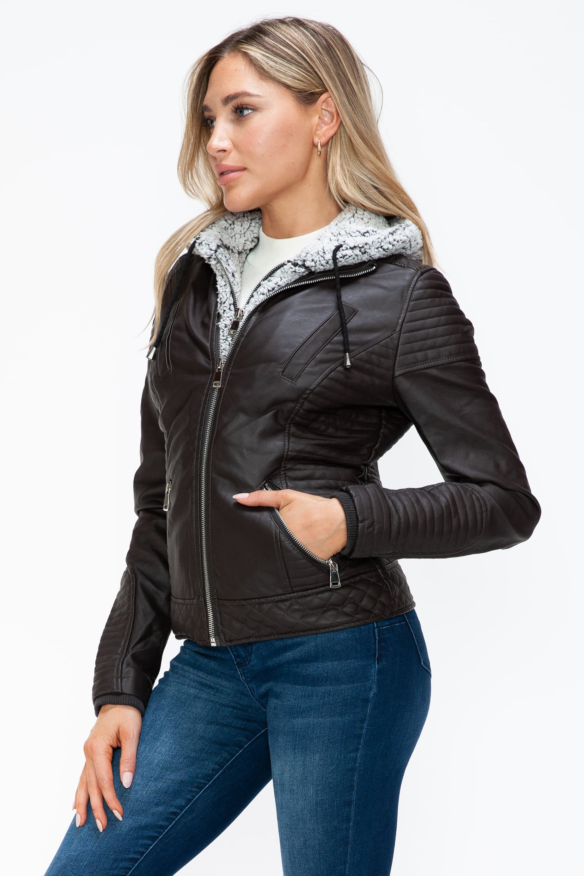 YMI Faux Layered Double-Zipper Jacket with Fuzzy Hood - Teresa's Fashionista LLC