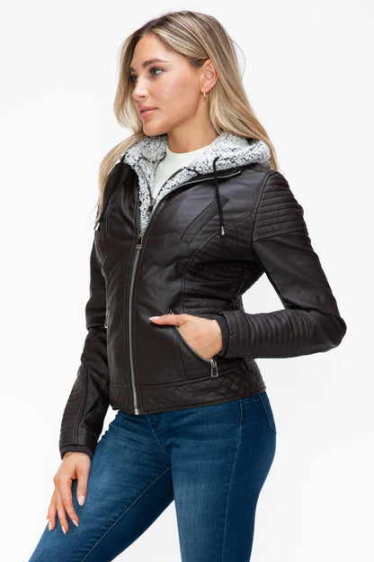 YMI Faux Layered Double-Zipper Jacket with Fuzzy Hood - Teresa's Fashionista LLC