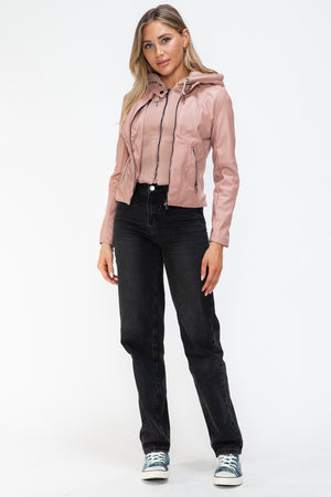 Snobbish Faux Leather Zip Up Drawstring Hooded Jacket - Teresa's Fashionista LLC