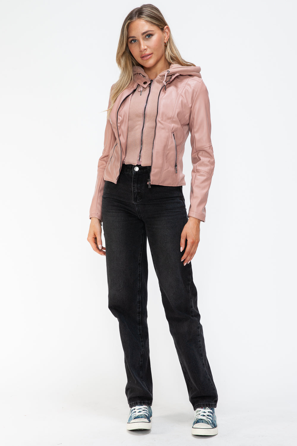 Snobbish Faux Leather Zip Up Drawstring Hooded Jacket - Teresa's Fashionista LLC