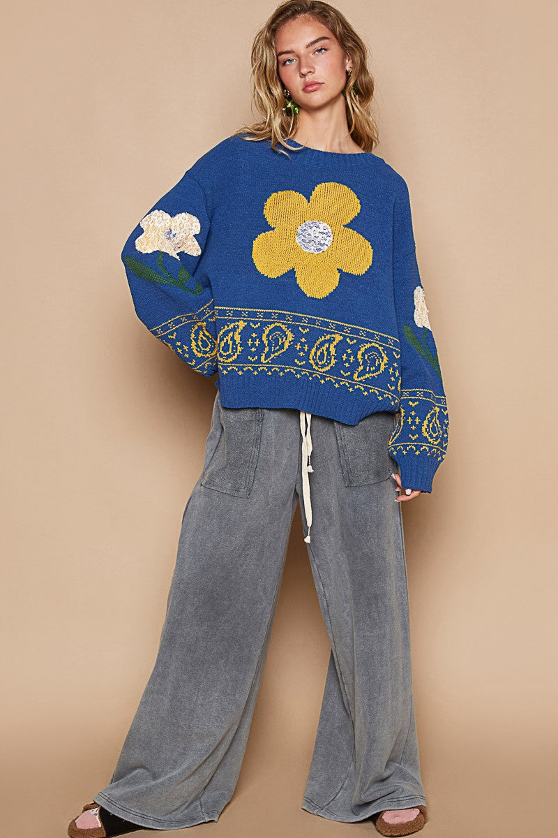 POL Flower Lace Patch Long Sleeve Sweater - Teresa's Fashionista LLC