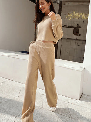 Waffle-Knit Round Neck Top and Pants Set-Teresa's Fashionista LLC