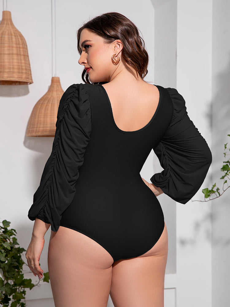 Plus Size Tied Deep V Balloon Sleeve One-Piece Swimsuit-Teresa's Fashionista LLC