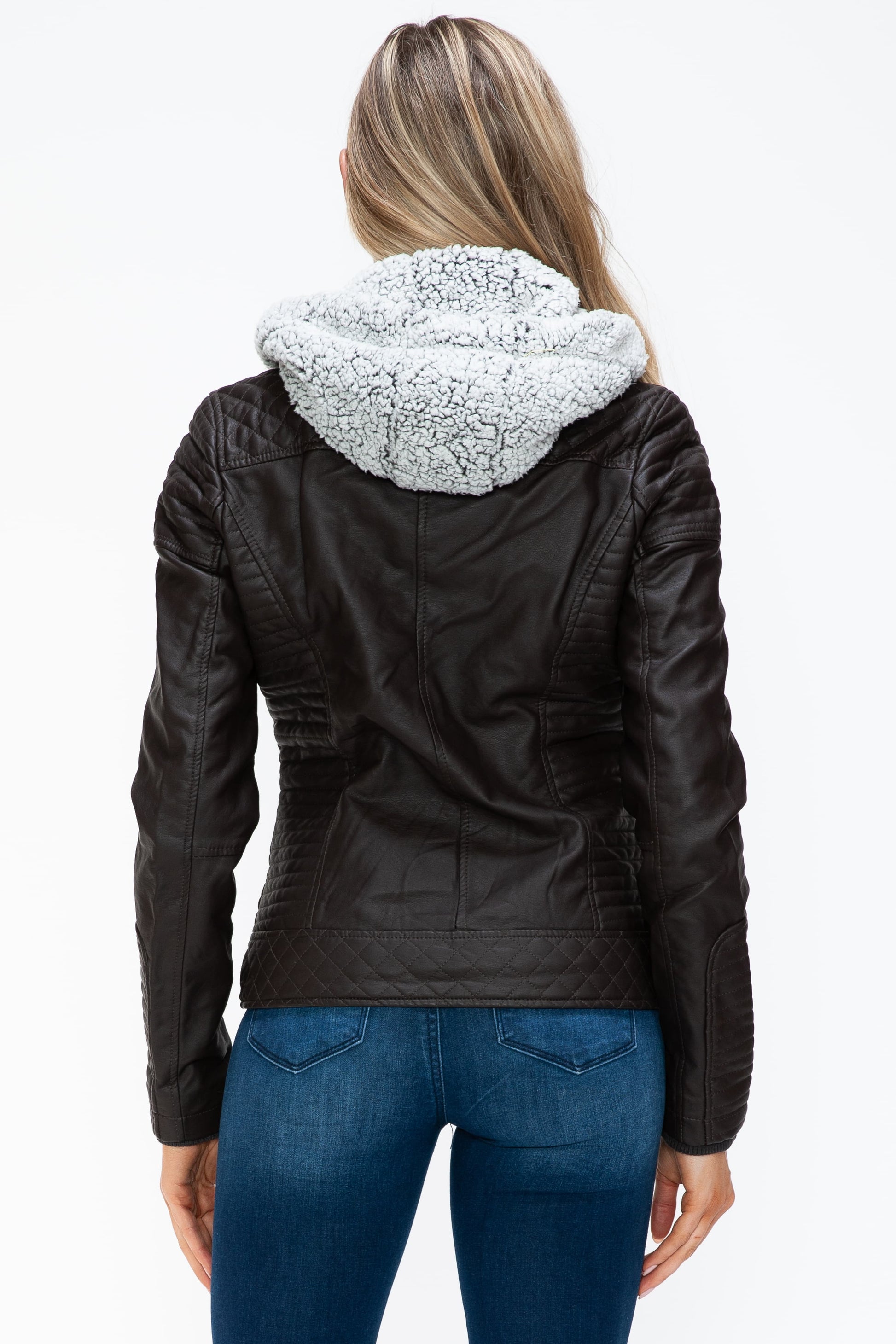 YMI Faux Layered Double-Zipper Jacket with Fuzzy Hood - Teresa's Fashionista LLC
