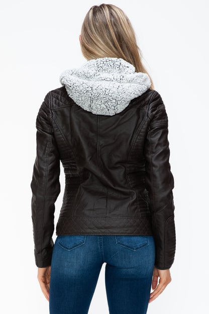 YMI Faux Layered Double-Zipper Jacket with Fuzzy Hood - Teresa's Fashionista LLC