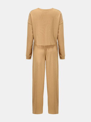Waffle-Knit Round Neck Top and Pants Set-Teresa's Fashionista LLC