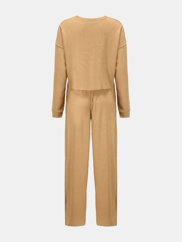 Waffle-Knit Round Neck Top and Pants Set-Teresa's Fashionista LLC