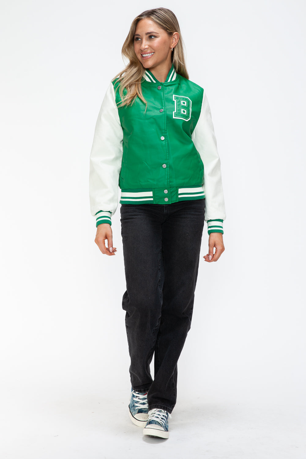 Love Me Now PU Leather Contrast Snap Down Bomber Jacket - Teresa's Fashionista LLC