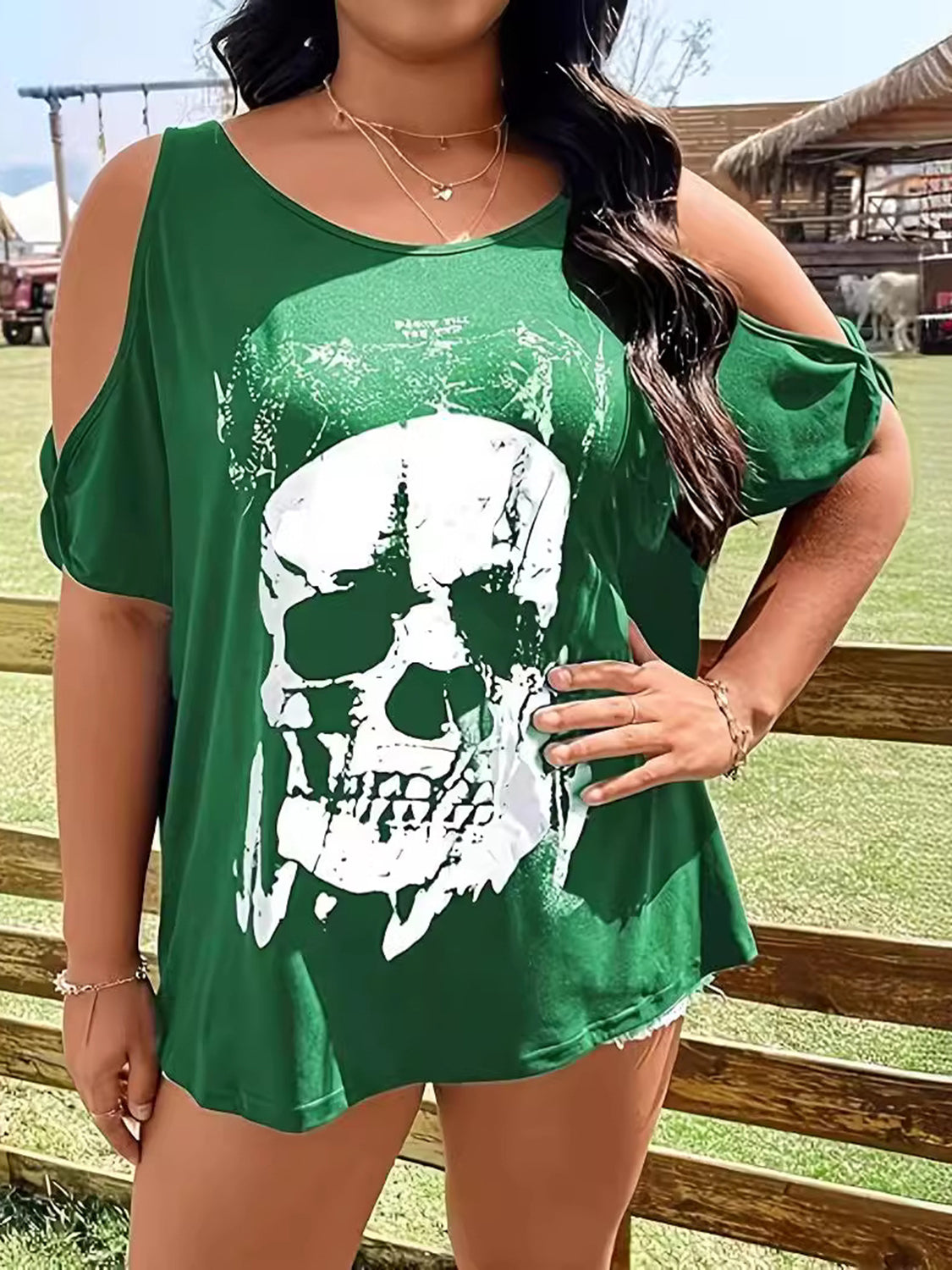 Plus Size Skeleton Graphic Round Neck Cold Shoulder T-Shirt - Teresa's Fashionista LLC