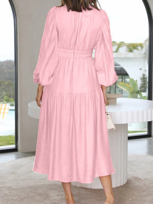 Deep V-Neck Balloon Sleeve Plain Maxi Dress-Teresa's Fashionista LLC