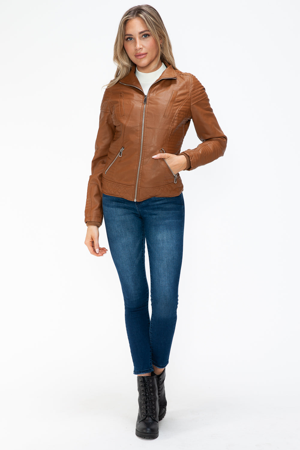YMI Faux Layered Double-Zipper Jacket with Fuzzy Hood - Teresa's Fashionista LLC