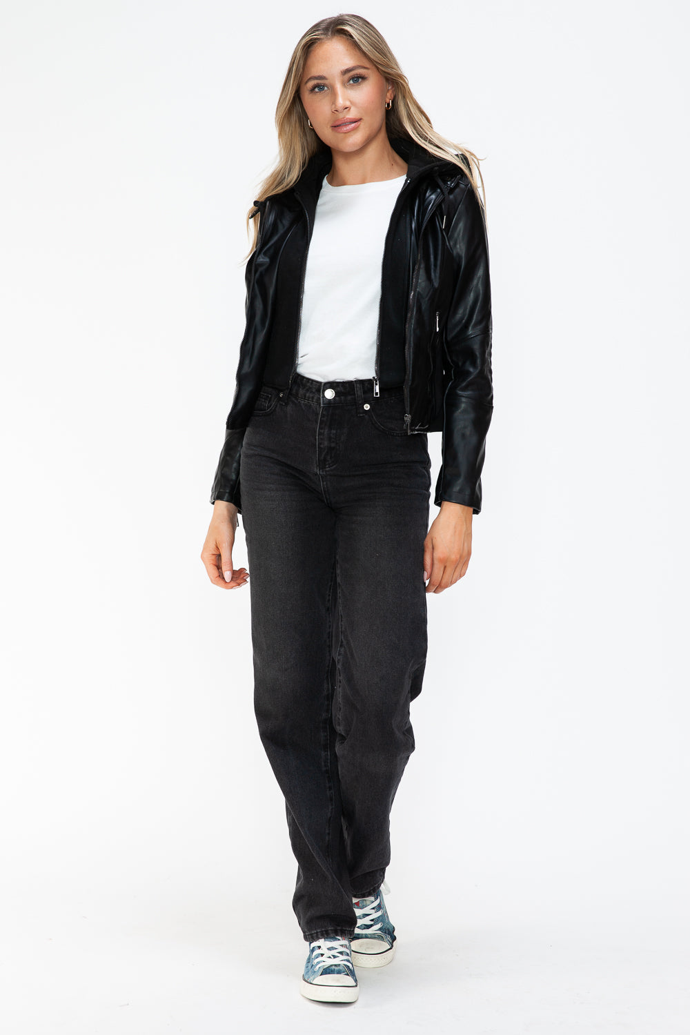 Snobbish Faux Leather Zip Up Drawstring Hooded Jacket - Teresa's Fashionista LLC