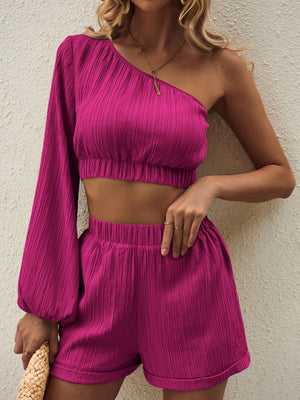 One Shoulder Long Sleeve Top and Shorts Set-Teresa's Fashionista LLC