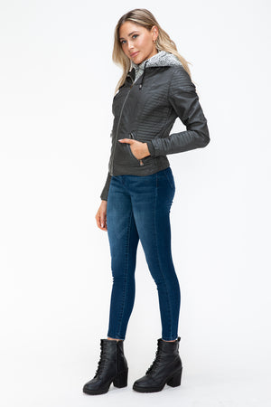 YMI Faux Layered Double-Zipper Jacket with Fuzzy Hood - Teresa's Fashionista LLC