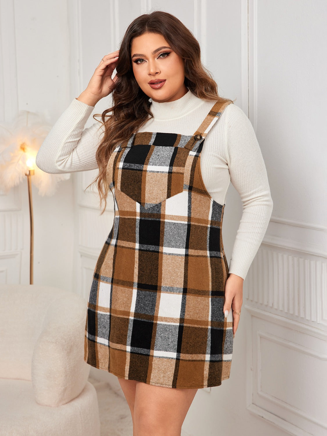 Honey Plus Size Plaid Wide Strap Overall Dress - Teresa's Fashionista LLC