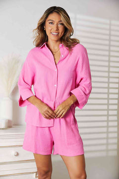 Double Take Textured Shirt and Elastic Waist Shorts with Pockets-Teresa's Fashionista LLC