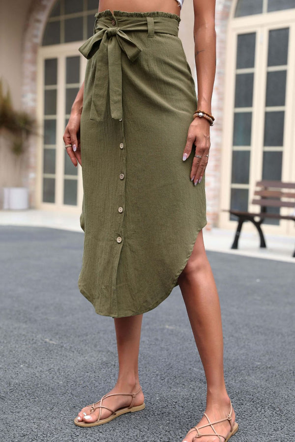 Tie Belt Frill Trim Buttoned Skirt-Teresa's Fashionista LLC