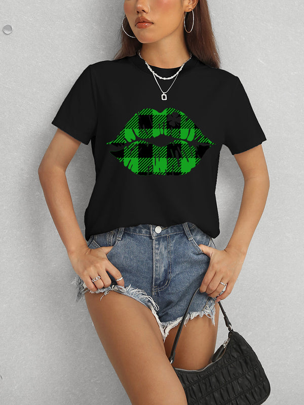 Plaid Lip Graphic Round Neck T-Shirt-Teresa's Fashionista LLC