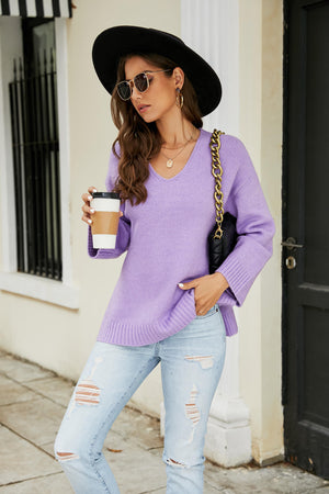 Drop Shoulder V-Neck Knit Pullover-Teresa's Fashionista LLC