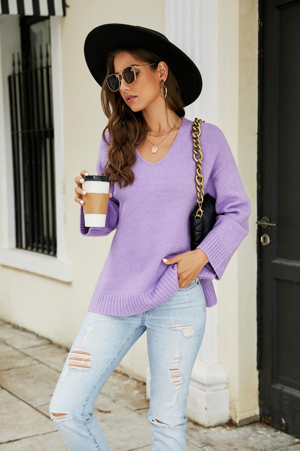 Drop Shoulder V-Neck Knit Pullover-Teresa's Fashionista LLC