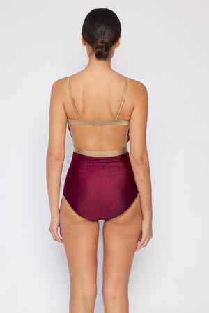 Marina West Swim Wave Break Contrast Trim One-Piece in Wine-Teresa's Fashionista LLC