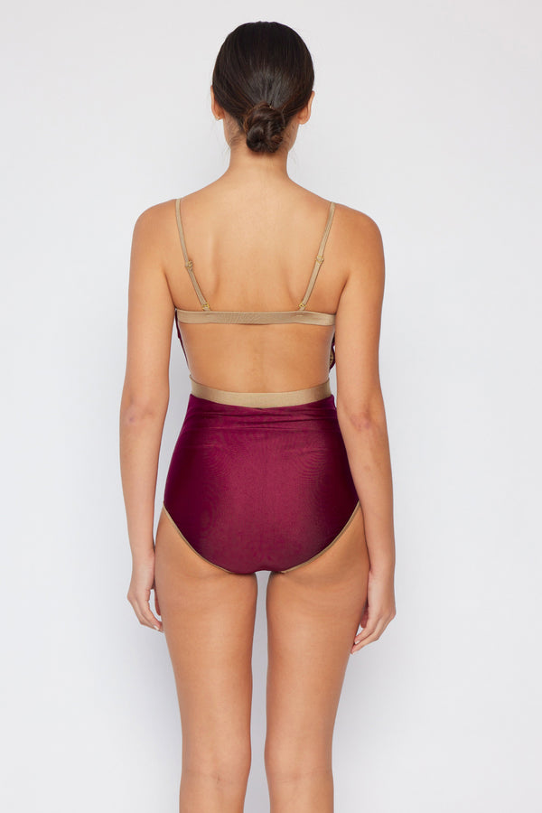 Marina West Swim Wave Break Contrast Trim One-Piece in Wine-Teresa's Fashionista LLC