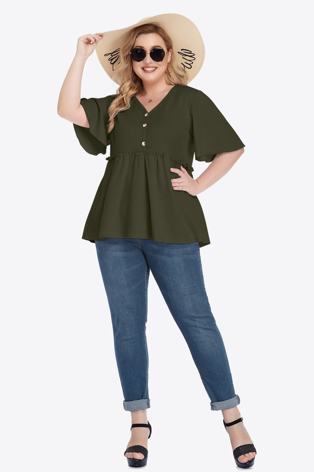 Plus Size Buttoned V-Neck Frill Trim Babydoll Blouse-Teresa&#39;s Fashionista LLC