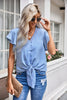 V-Neck Tie Hem Flutter Sleeve Blouse-Teresa's Fashionista LLC