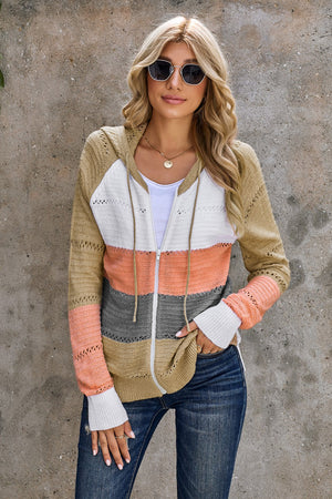 Zip-Up Raglan Sleeve Openwork Hooded Cardigan-Teresa's Fashionista LLC