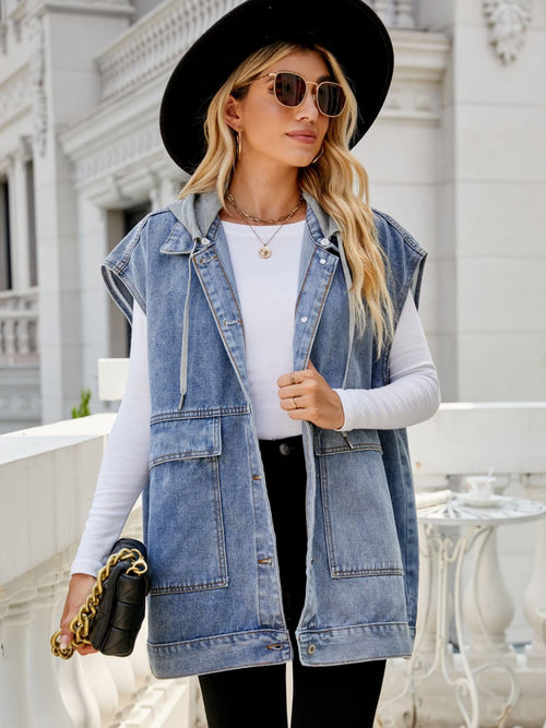 Hooded Sleeveless Denim Top with Pockets-Teresa's Fashionista LLC